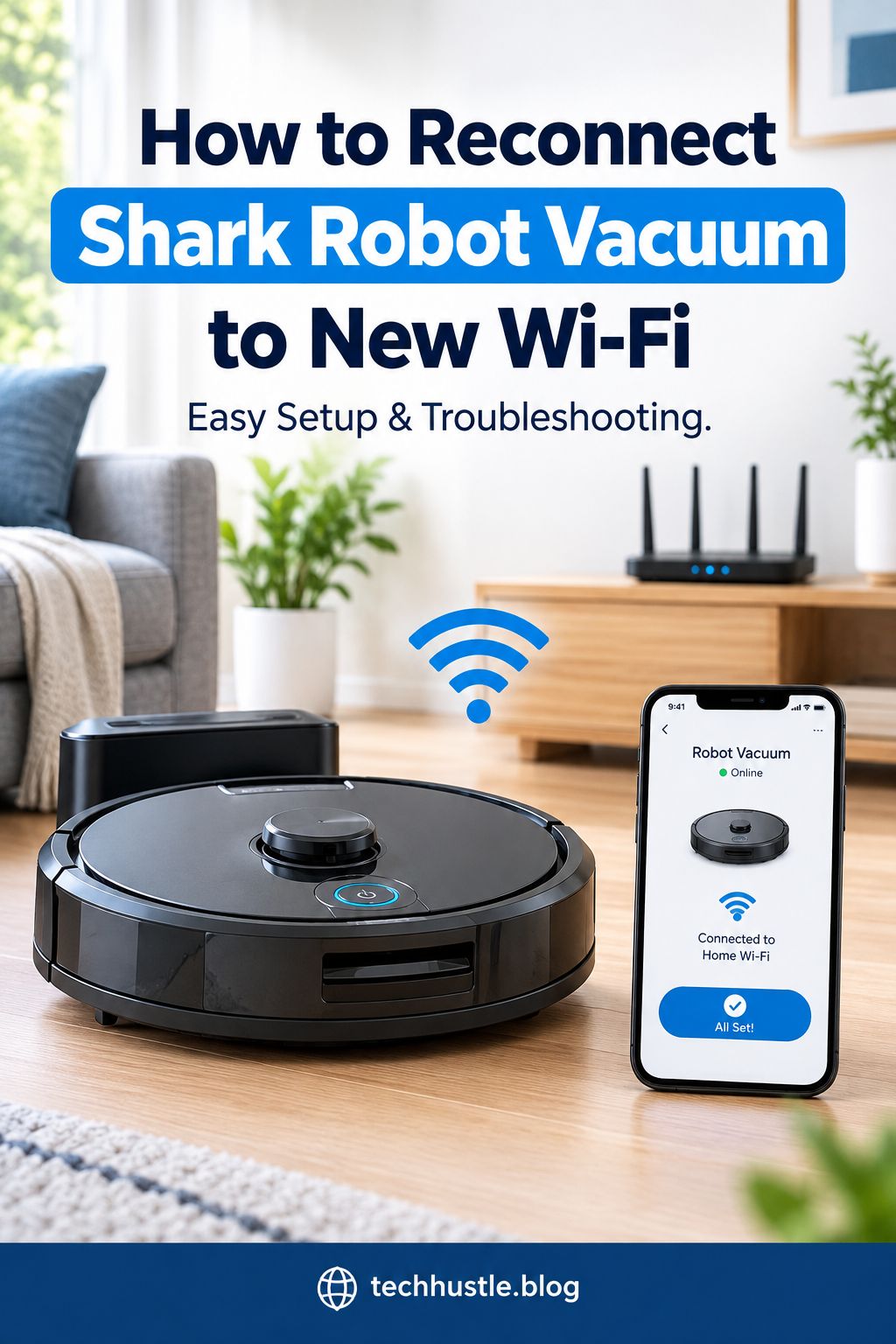 Shark robot vacuum beside its charging dock with a smartphone showing Wi-Fi reconnection settings